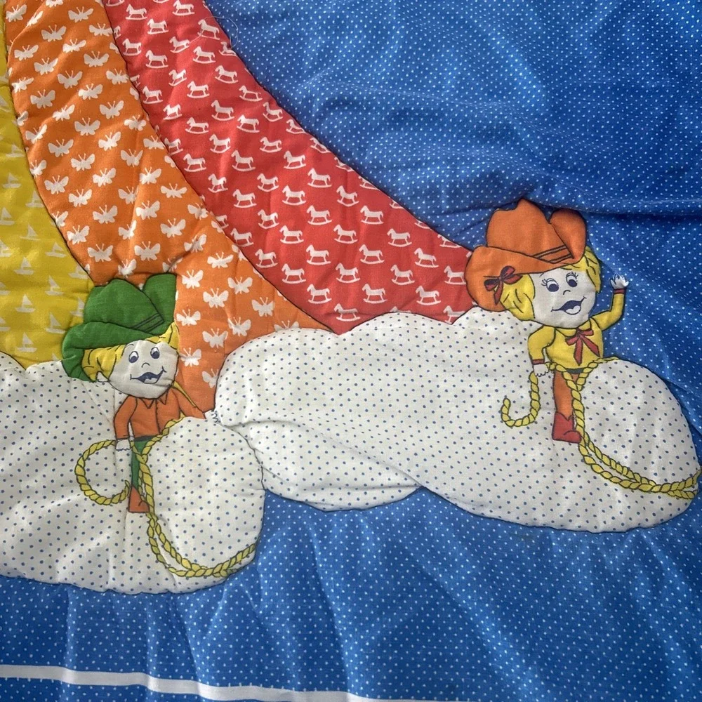 Vintage Handmade Baby Crib Quilt Rainbow Cowboy Duck 